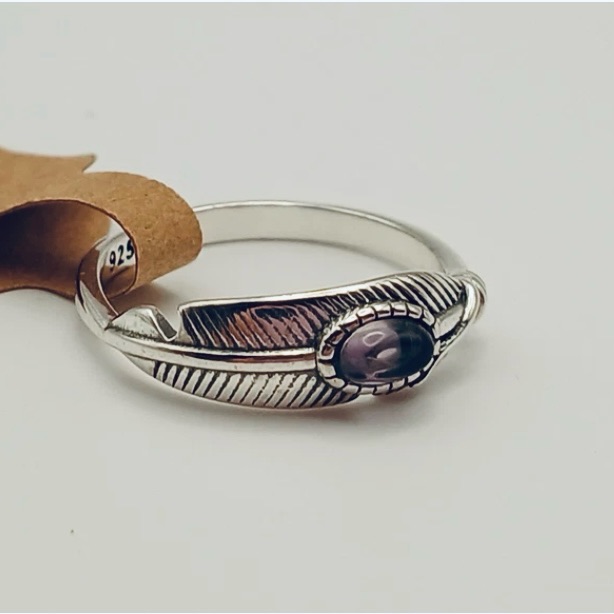 Southwestern Petite Feather Sterling Ring With Amethyst Stone 38$